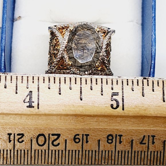 Natural Smoke Gray Rutile Quartz/ Dia accent fancy cocktail ring 7.5 cts sz 7.5 - Picture 3 of 5